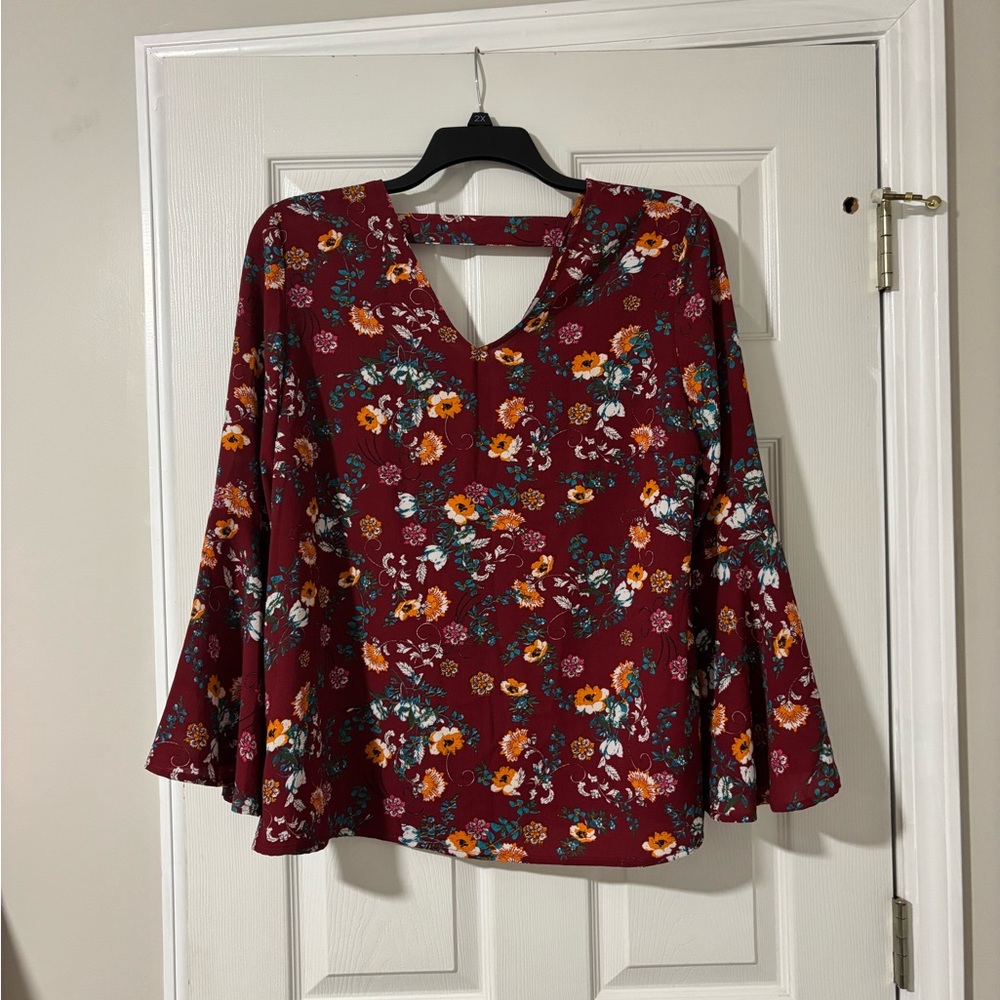 Valerie Stevens Floral Blouse - Burgundy and Multicolor